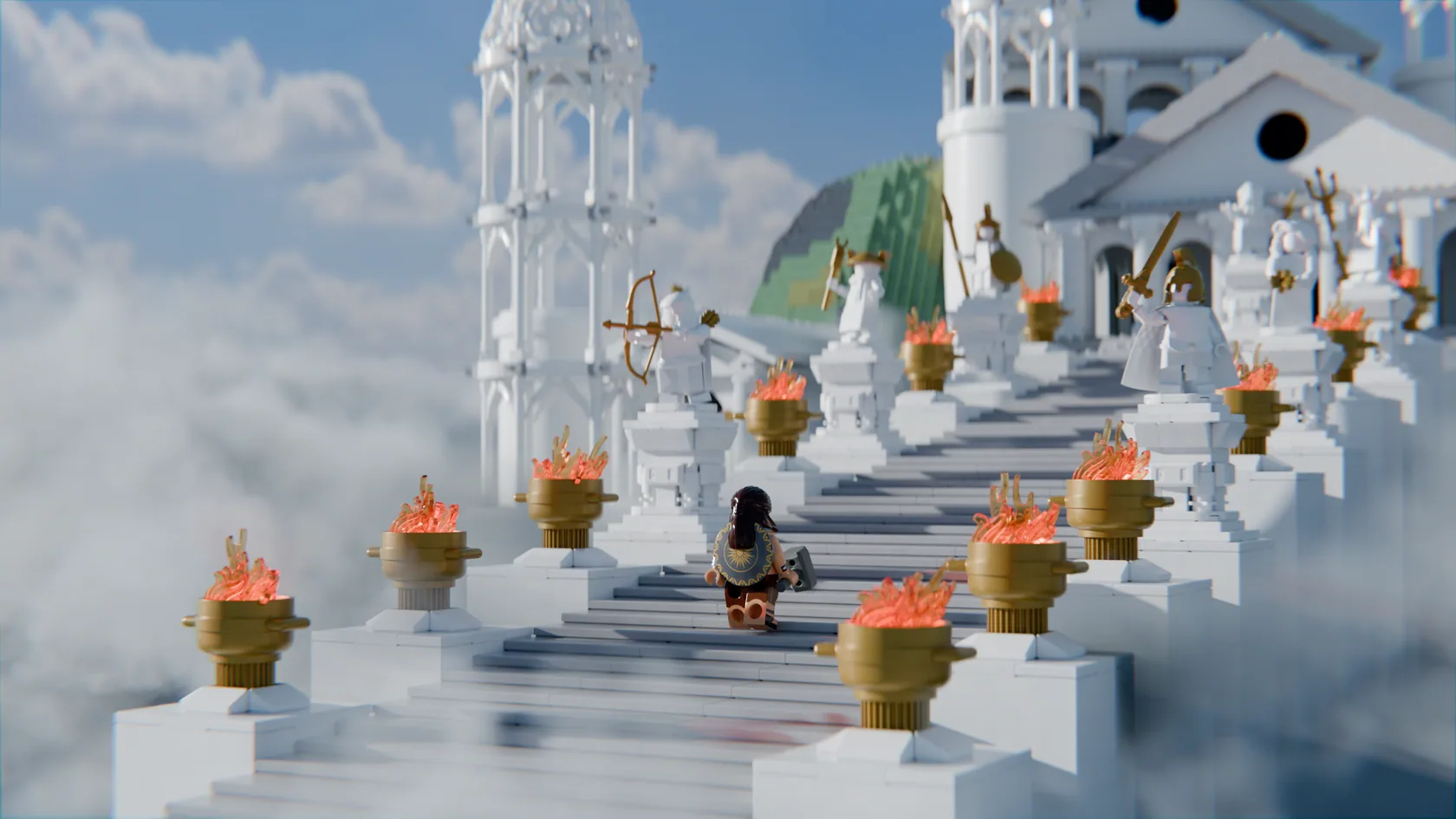 Character walking up white temple stairs surrounded by flames